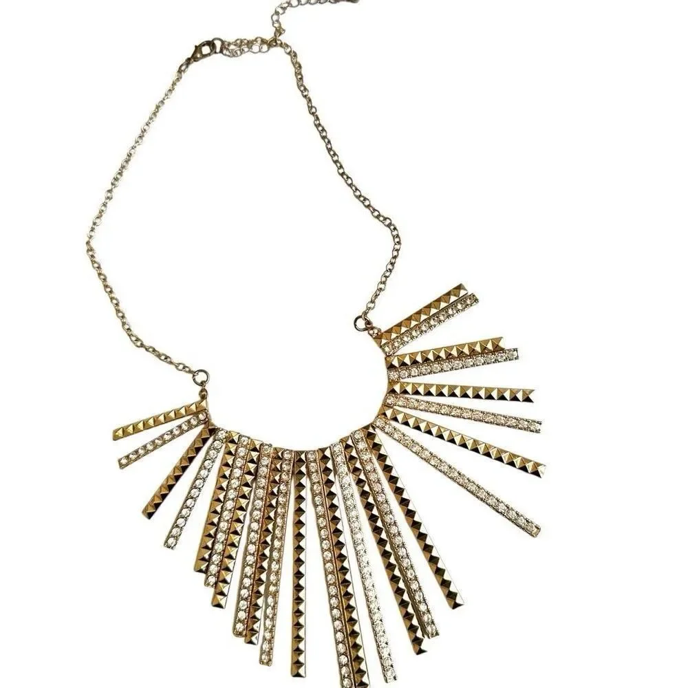 Gold tone and rhinestone fan statement necklace - Picture 8 of 8